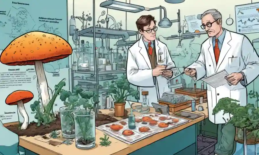 Investigadores que estudian hongos en un laboratorio con gráficos y gráficos sobre el impacto del cambio climático.