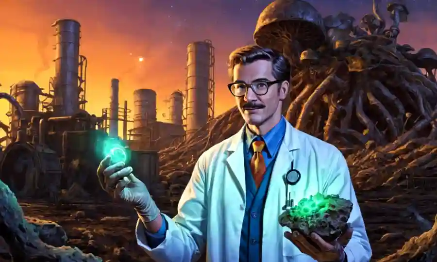 Un científico que sostiene una muestra brillante de hongos con elementos terrenales e industriales en el fondo.