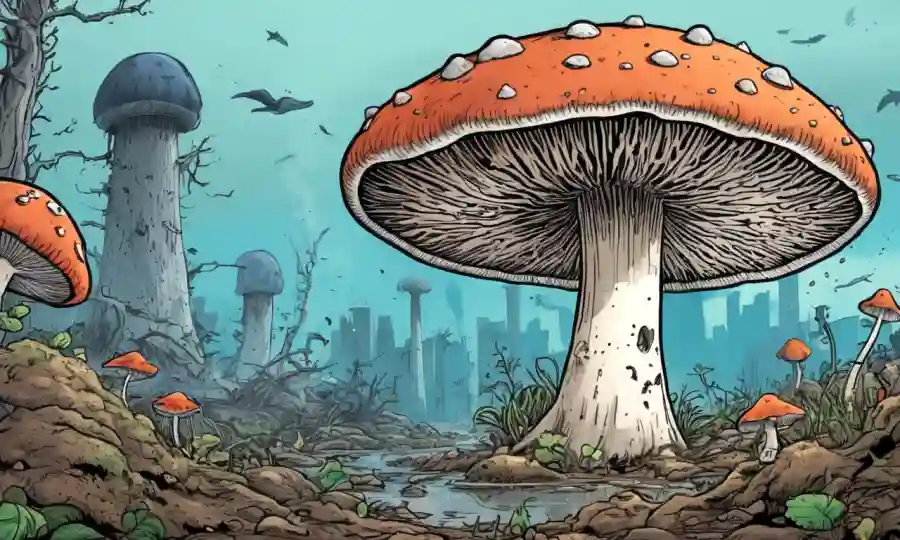 Un hongo que se adapta a la contaminación en un ambiente tóxico en medio de un ecosistema devastado.