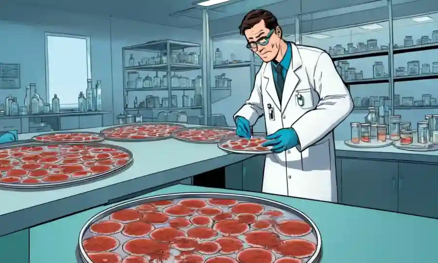 Científico de pie sobre los platos petri que contienen muestras fúngicas en un entorno de laboratorio.