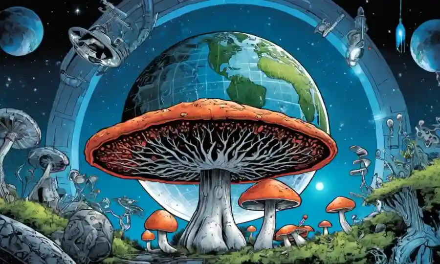 Imagen de hongos con globo en el fondo, rodeado de símbolos futuristas.