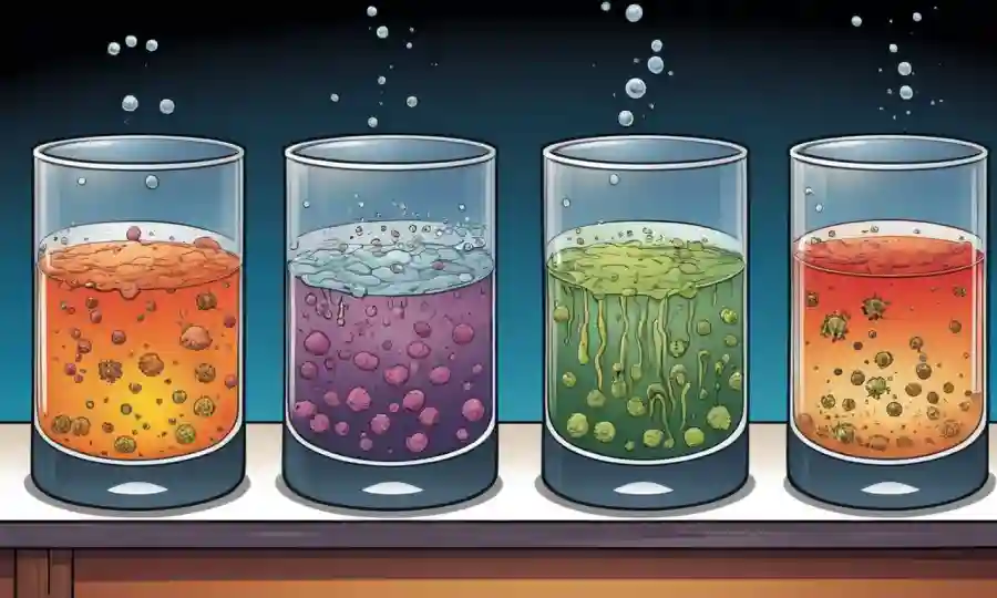Microorganismos reaccionando en un beaker con diferentes etapas de fermentación representados a través de ilustraciones.