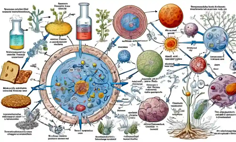 Ilustraciones de procesos bioquímicos dentro de las levaduras, con diagramas y flechas que representan caminos metabólicos.