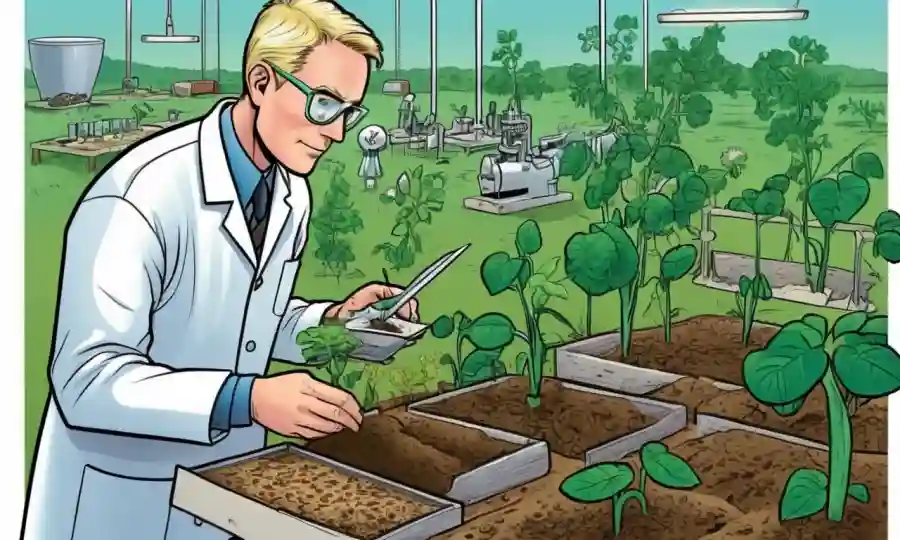 Un científico que examina muestras de suelo con conceptos endofitos y iconos de sostenibilidad agrícola que los rodean.