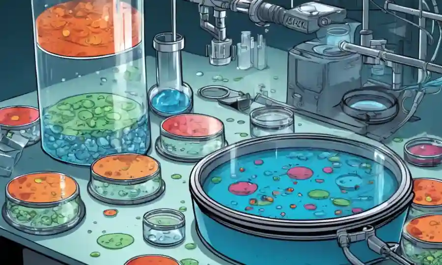 Equipos científicos de laboratorio que rodean microorganismos siendo estudiados en platos petri.