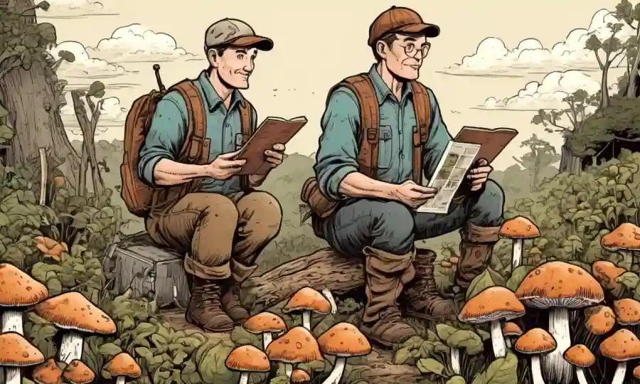 Los agricultores sostienen hongos y observan datos sobre el crecimiento, con tonos terrenales.