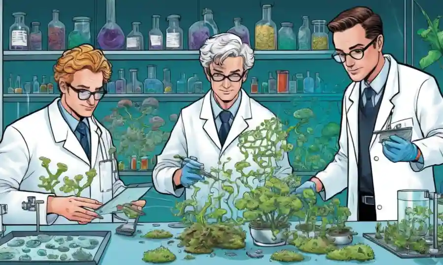 Científicos en capas de laboratorio que examinan culturas y grafitos de hongos.