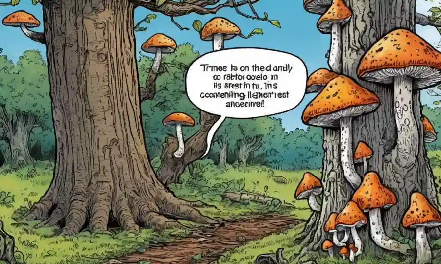 Fungi creciendo en troncos de árboles con superposición de texto discutiendo su papel en el control de plagas éticamente.