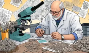 Científico examinando muestras de suelo bajo un microscopio