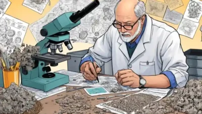 Científico examinando muestras de suelo bajo un microscopio