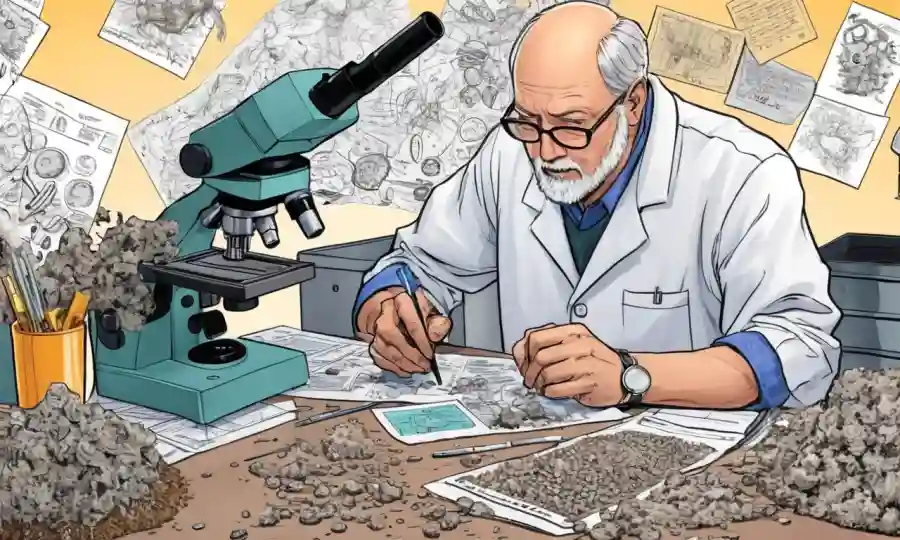 Científico examinando muestras de suelo bajo un microscopio
