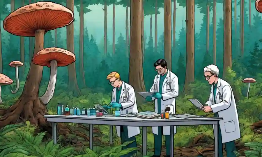 Investigadores en capas de laboratorio que estudian hongos y árboles en un ecosistema forestal.