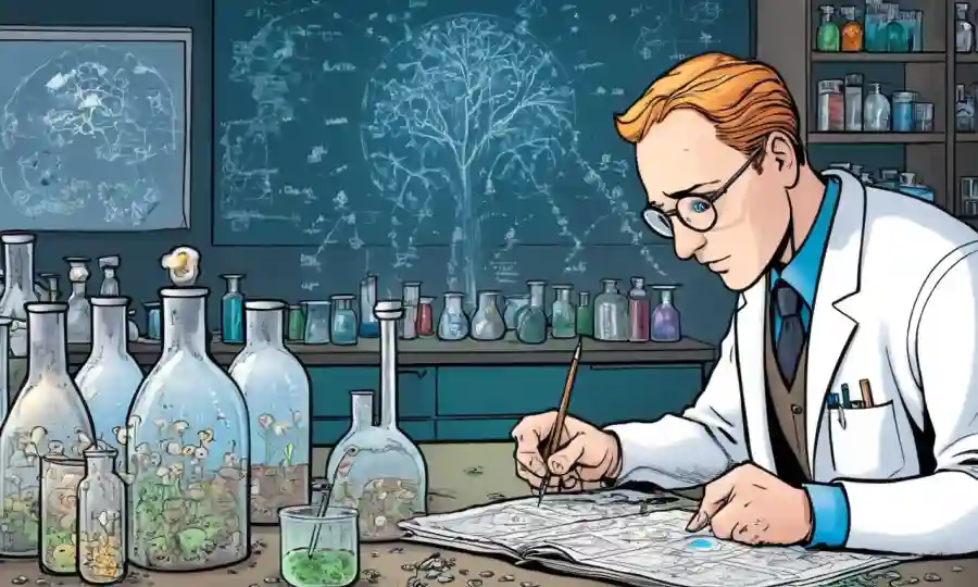 Una persona que estudia hongos pequeños en un laboratorio, con gráficos morales y ecuaciones en el fondo.