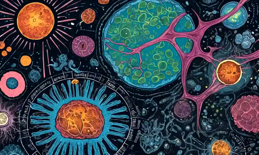 Imágenes microscópicas de células o organismos en relaciones simbióticas, rodeadas de diagramas filosóficos y texto.