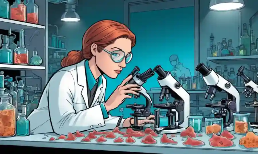 Investigador que estudia hongos en un laboratorio, con microscopios y platos petri.