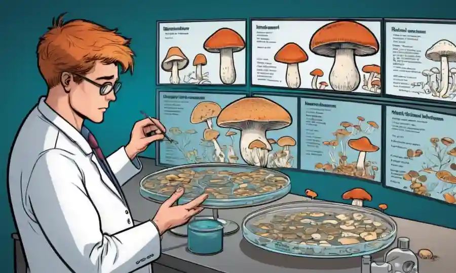 Un científico que examina un plato de petri que contiene varios tipos de hongos, con diagramas y texto en pantallas alrededor de ellos.