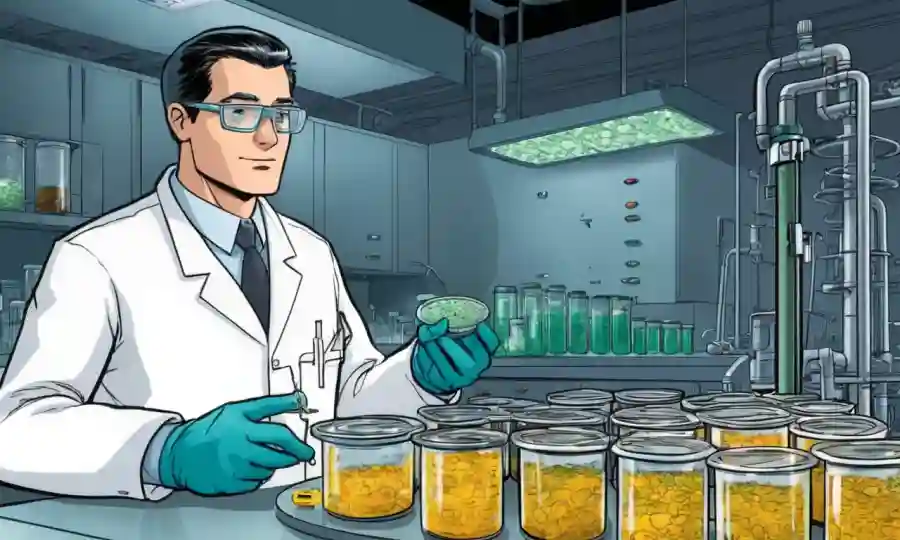 Un científico de laboratorio que examina los platos petri que contienen culturas de hongos con equipo de biocombustibles en el fondo.