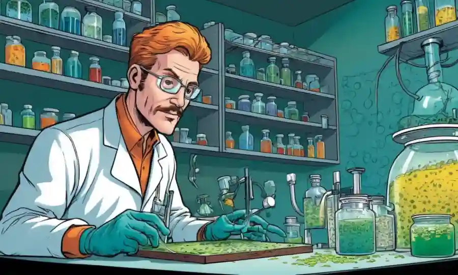 Científico en laboratorio que estudia crecimiento y culturas fúngicas.