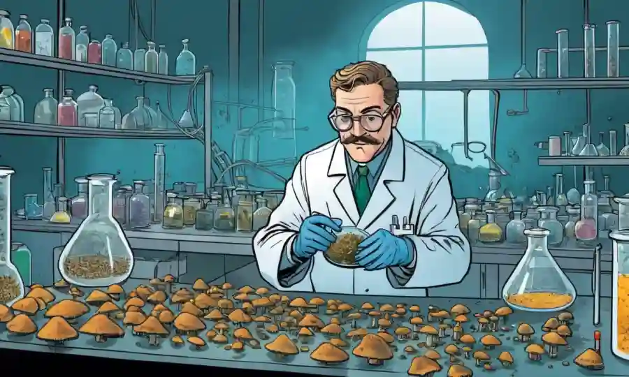 Científico recolectando muestras de hongos en un laboratorio.
