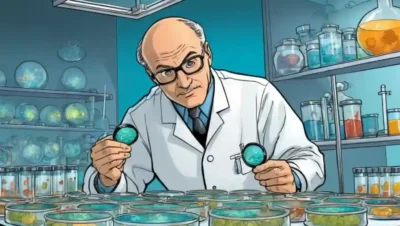 Scientist examina el plato petri con muestras de hongos y equipos de prueba innovadores.