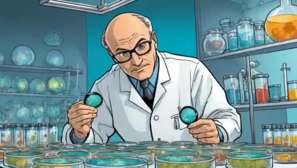 Scientist examina el plato petri con muestras de hongos y equipos de prueba innovadores.