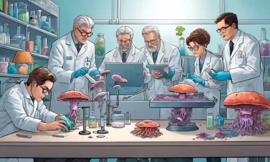 Los microbiólogos se reunieron alrededor de podios en una mesa de laboratorio, examinando culturas de hongos.