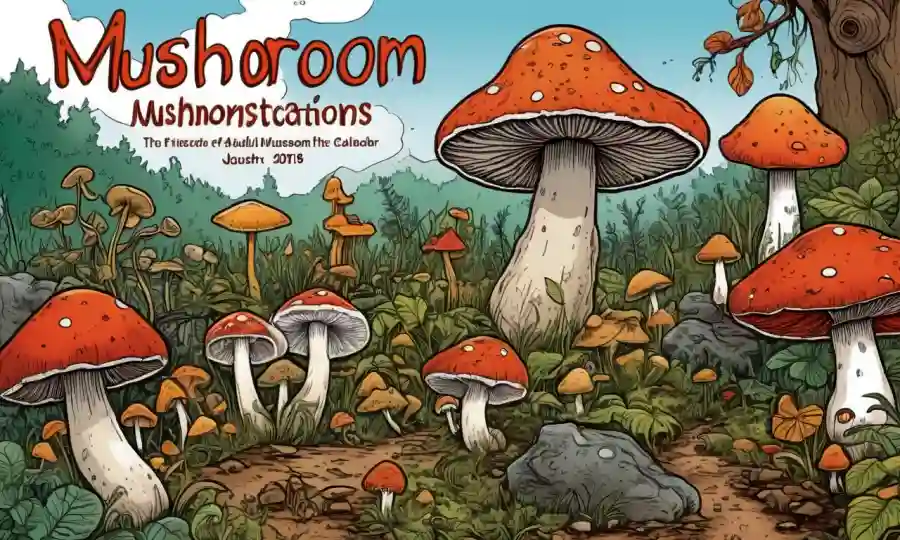Las ilustraciones de especies de hongos rodean un calendario que destaca los eventos micológicos anuales.