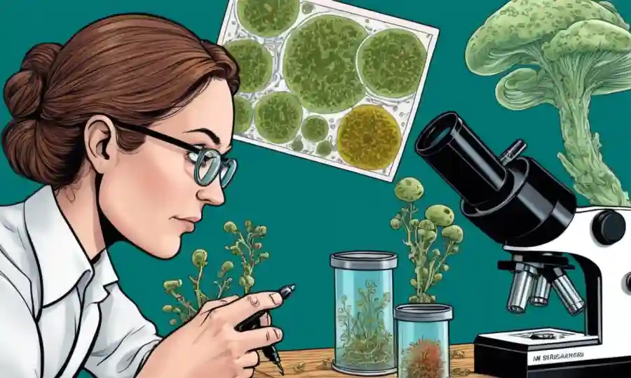 Un investigador que examina hongos microscópicos bajo un microscopio con un gráfico que muestra crecimiento y aplicaciones.