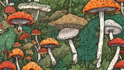 Un patrón de crecimiento de hongos o una ilustración de microorganismo con elementos de conferencia o aprendizaje superpuestos.