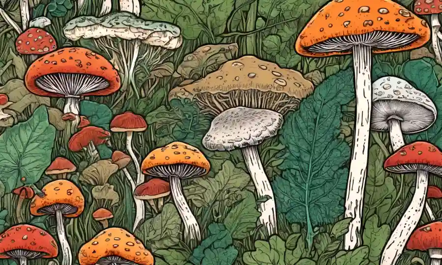Un patrón de crecimiento de hongos o una ilustración de microorganismo con elementos de conferencia o aprendizaje superpuestos.