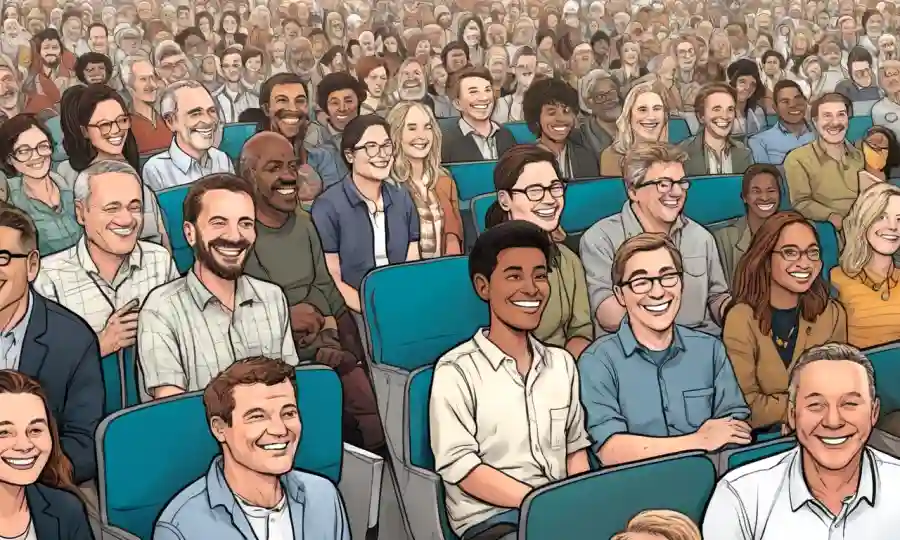 Una mezcla de micrografos fungosos y asistentes de eventos sonriendo a una presentación.