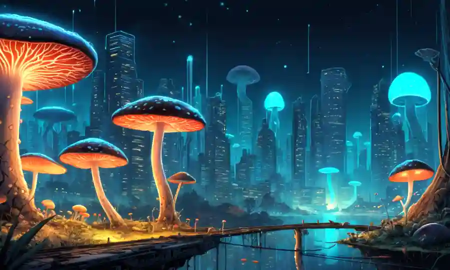 Glowing ilustraciones de hongos y relaciones simbióticas en un futurista paisaje urbano.