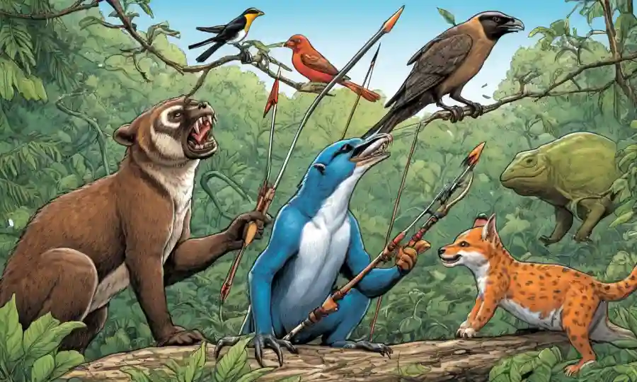 Ilustraciones de especies de interacción con flechas destacando la evolución de las relaciones simbióticas con el tiempo.