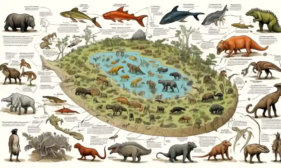 Un diagrama que ilustra las relaciones simbióticas entre especies a lo largo de la historia evolutiva.