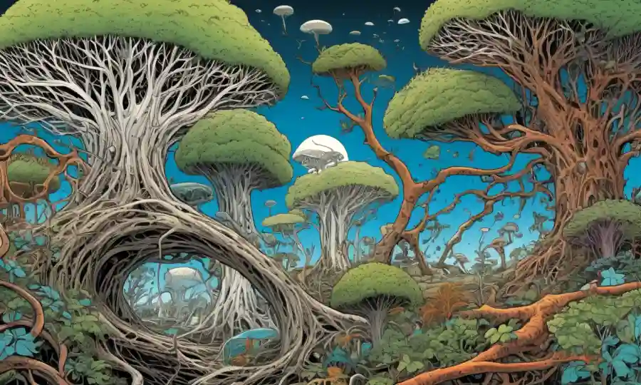 Ilustraciones de diferentes relaciones simbióticas (por ejemplo, redes de micorriza) en medio de diseños inspirados en el clima e ilustraciones de los ecosistemas cambiantes con el tiempo.