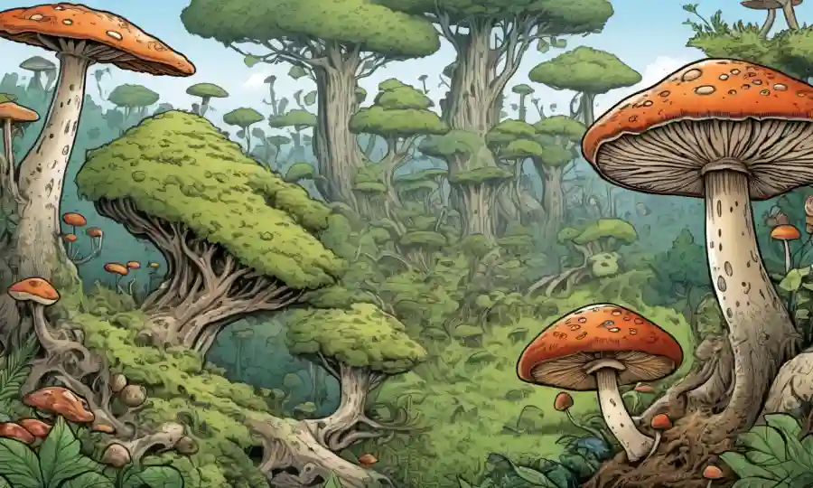Un patrón de crecimiento de hongos con ilustración evolutiva de árboles y diagramas de ecosistemas en el fondo.