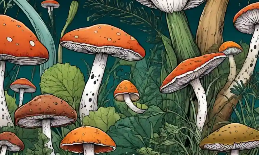 Fungi creciendo en diversas formas sobre diferentes tipos de plantas de fondo.