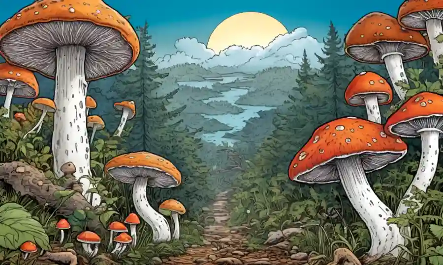 Fungi evolucionando con el tiempo, con hongos, esporas y organismos antiguos.