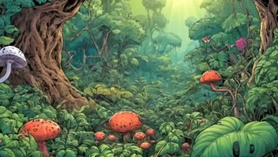 Micoreads formando relaciones simbióticas dentro de varias especies de plantas en medio de vegetación exuberante.