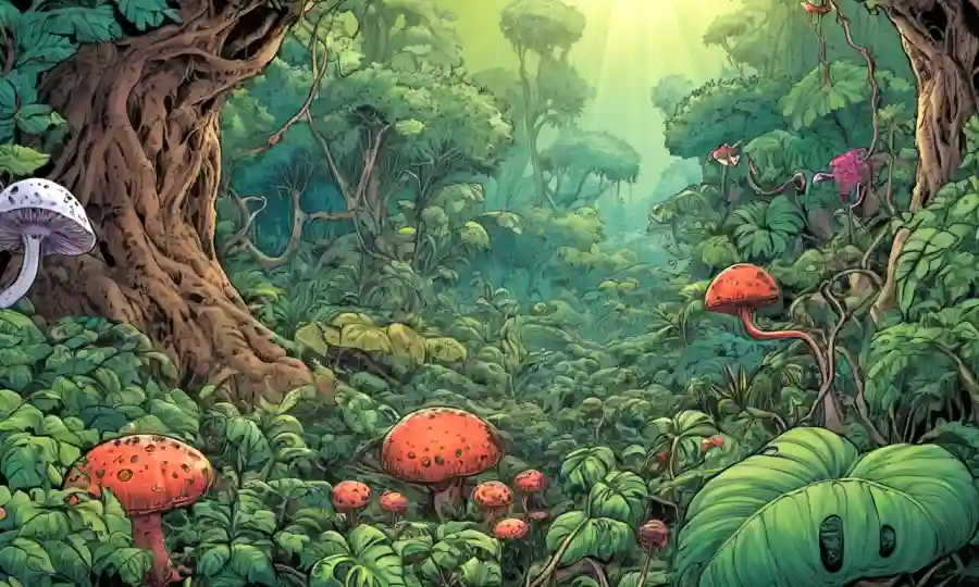 Micoreads formando relaciones simbióticas dentro de varias especies de plantas en medio de vegetación exuberante.