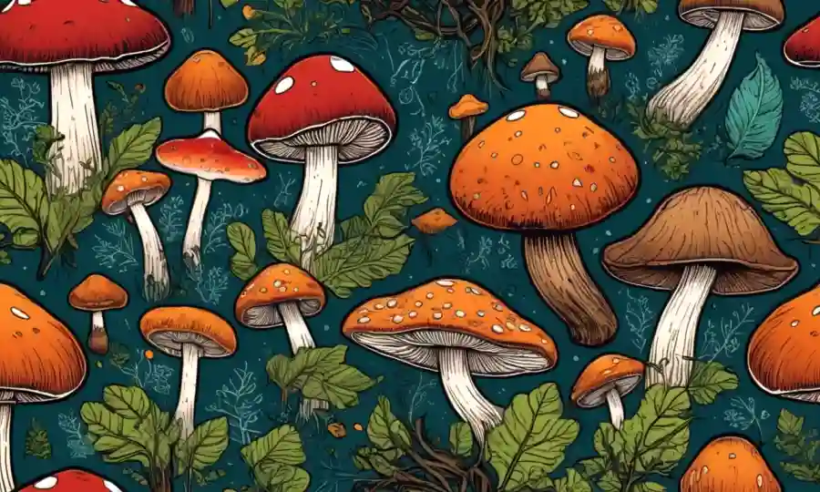 Una ilustración de diferentes formas de hongos y sistemas de raíces en medio de patrones ecológicos.