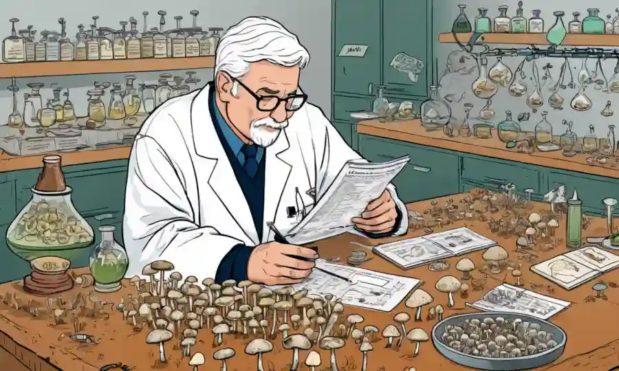 Un científico que estudia una colección de hongos en una mesa de laboratorio, con diagramas y notas relacionadas con la taxonomía.
