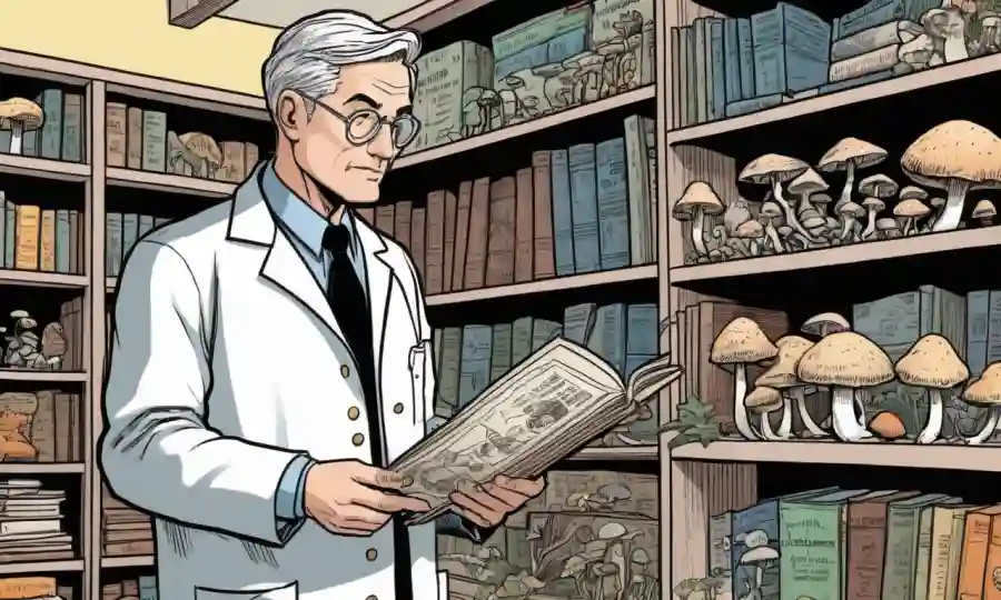 Un científico que examina un espécimen de setas delante de estantes lleno de libros y diagramas históricos.