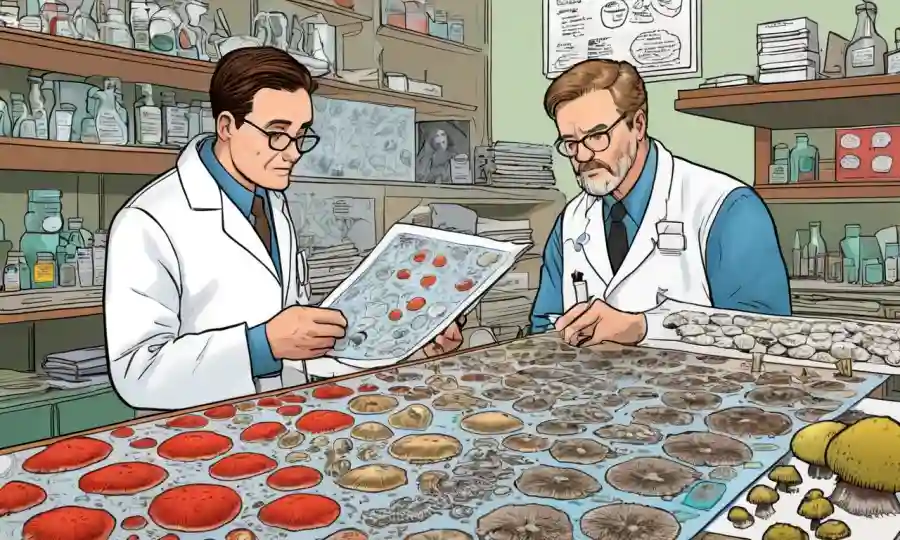 Científico que estudia tablas de clasificación de hongos en una tabla de investigación.