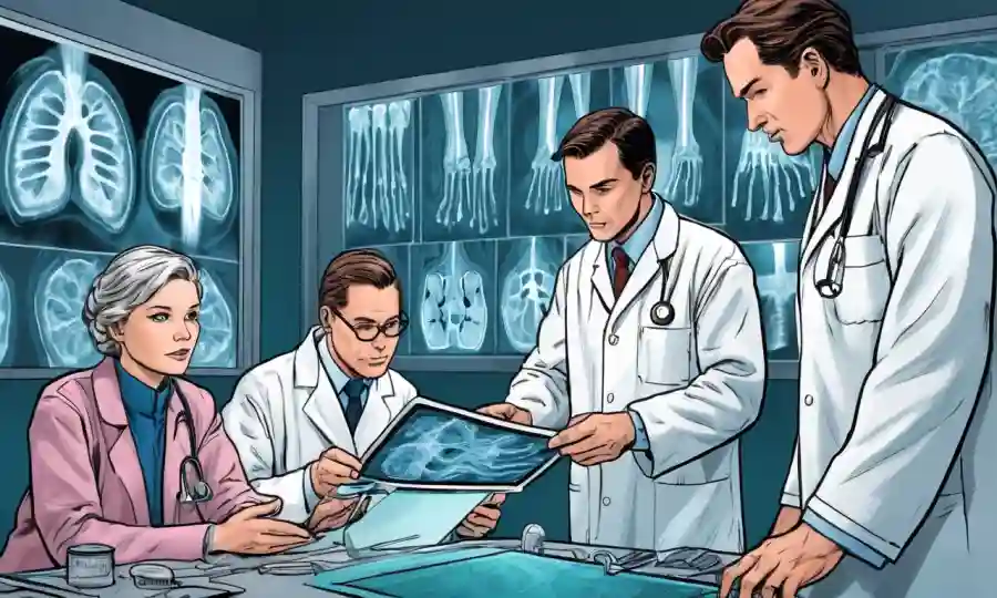 Profesionales médicos que examinan imágenes de rayos X para diagnosticar infecciones fúngicas.