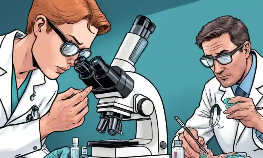 Profesionales médicos que examinan muestras de piel bajo un microscopio para infecciones fúngicas.