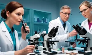Profesionales médicos analizando muestras de piel bajo microscopios en un entorno de laboratorio.