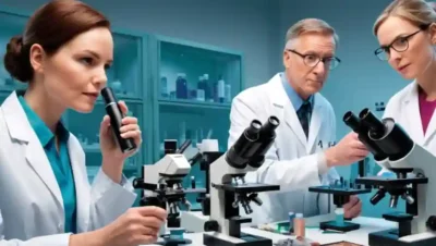 Profesionales médicos analizando muestras de piel bajo microscopios en un entorno de laboratorio.