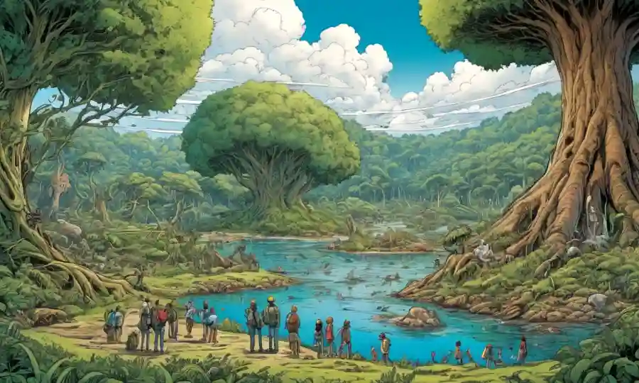 Una relación simbiótica entre humanos y naturaleza se ilustra a través de una eco-exhibición sostenible.