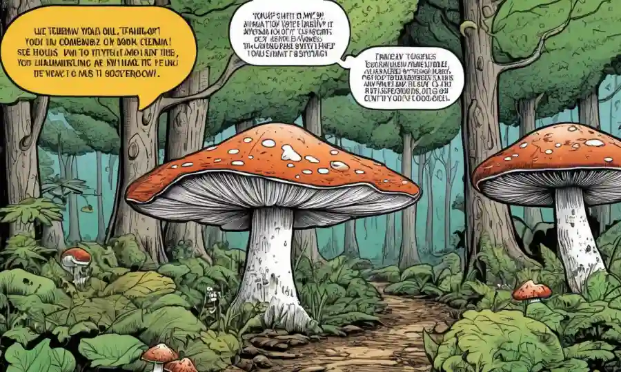 Fungi creciendo en el entorno natural con burbujas de texto derribando mitos sobre sostenibilidad y hongos.